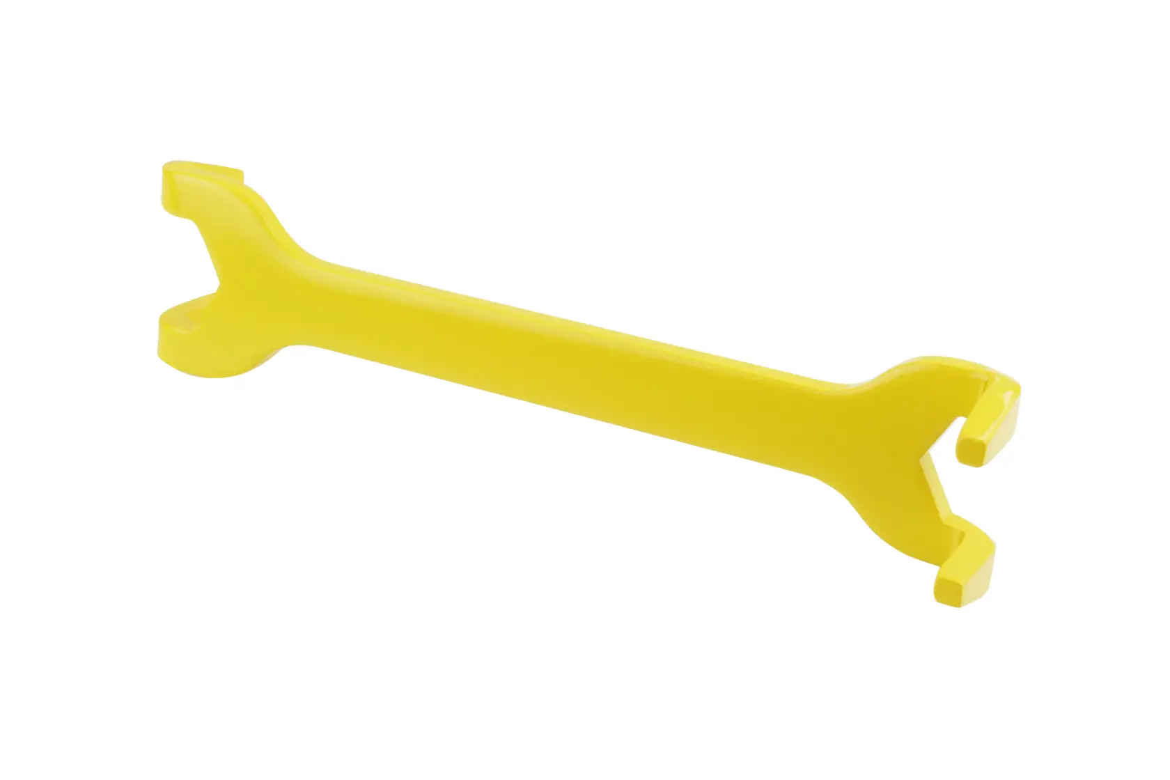 STANLEY 0-70-454 yellow plastic open-end wrench, flat lay on white background, photography product.