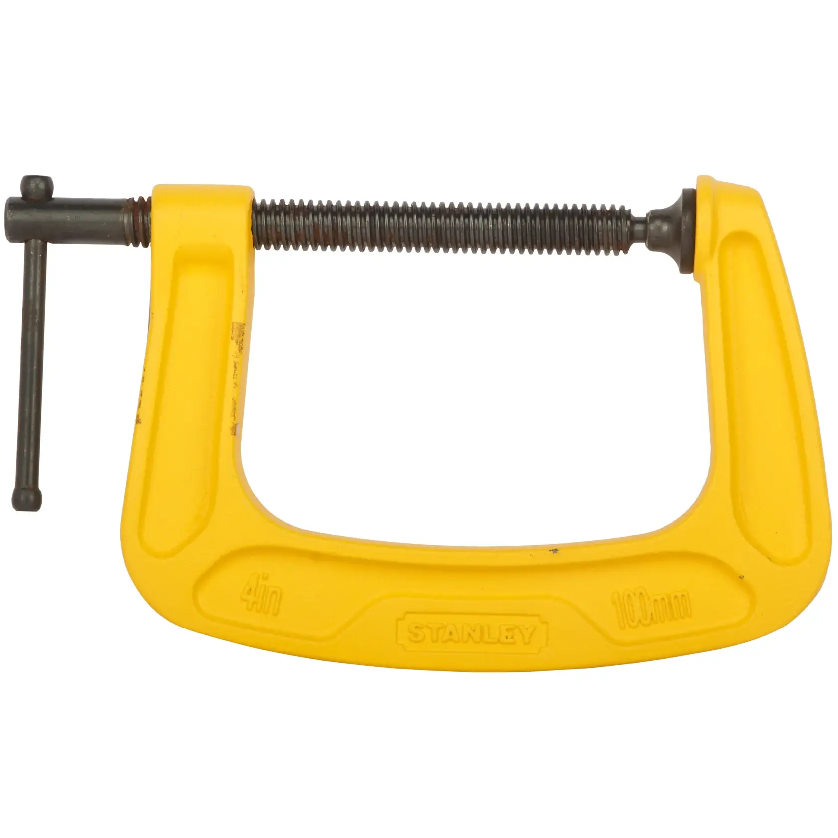 Gelbe 4-Zoll Stanley Schraubzwinge, zum sicheren Fixieren von Materialien bei Fotografie oder Bau.