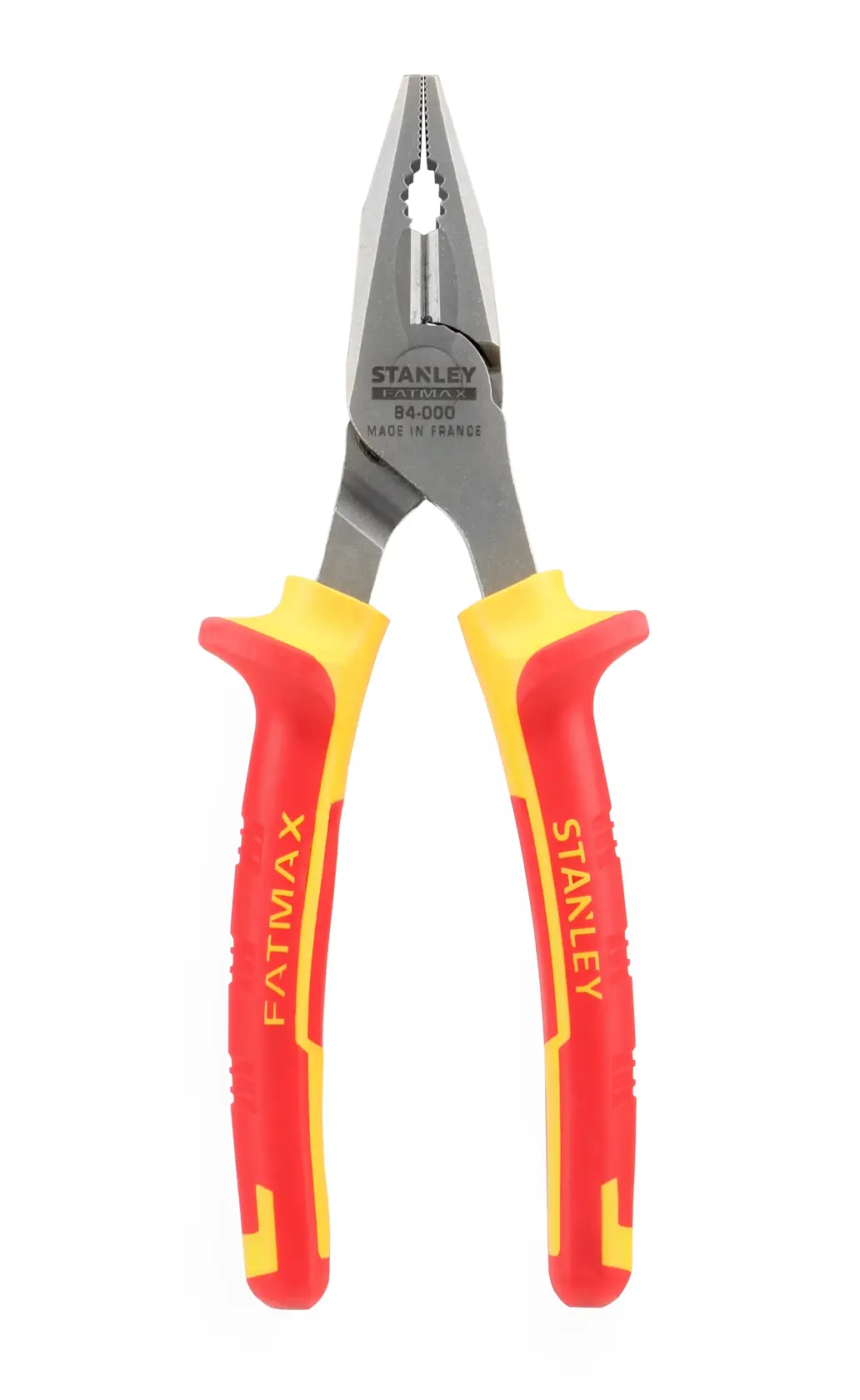 Stanley FatMax pliers with red and yellow handles against a white background.