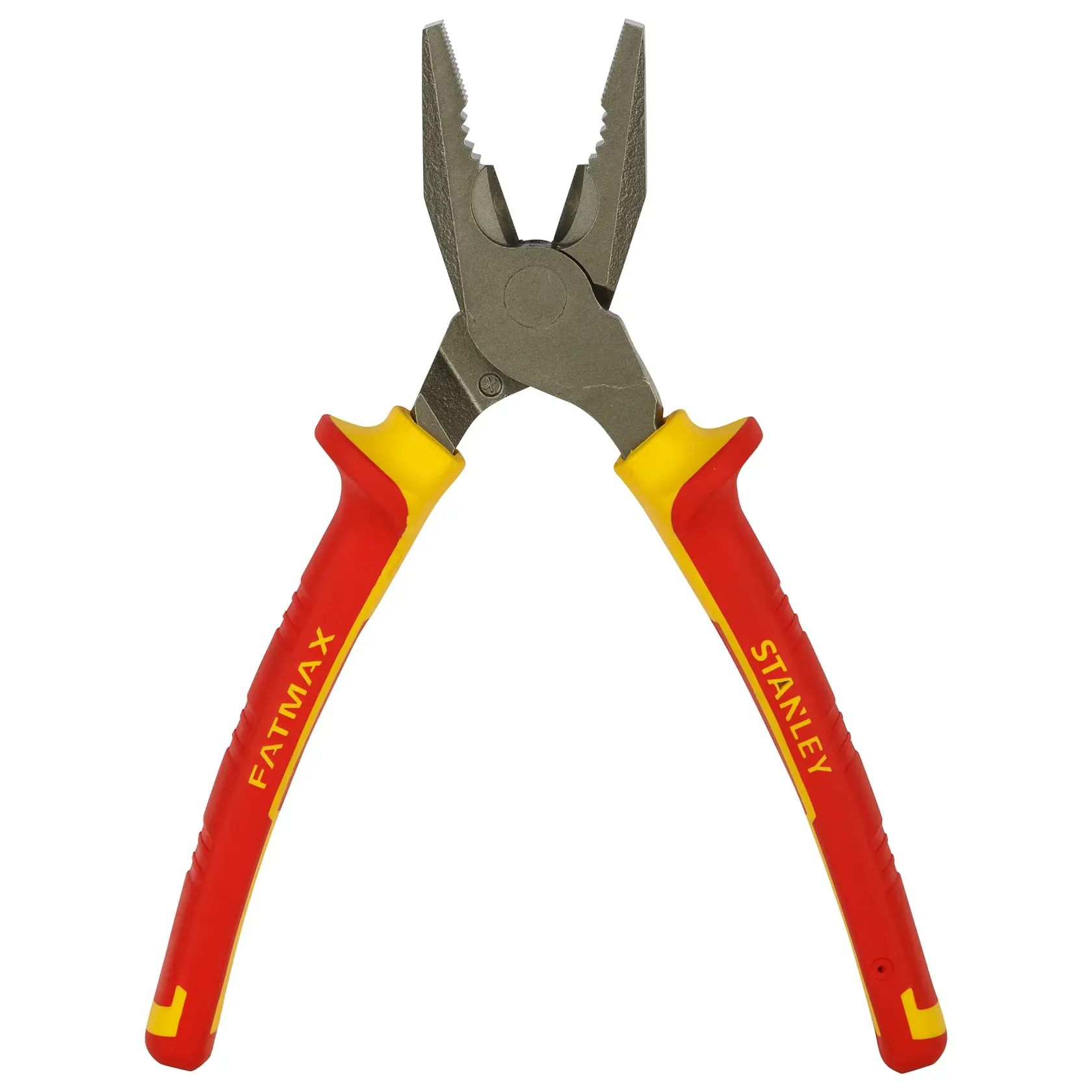 Stanley pliers with red and yellow handles, metallic jaws, suitable for gripping or cutting during photography tasks.