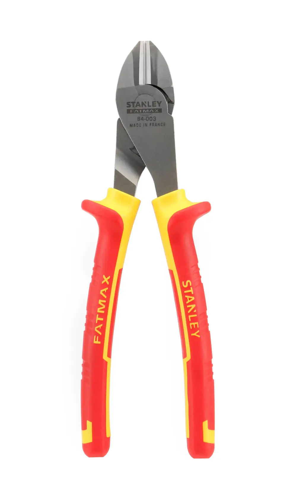 STANLEY 0-84-003 diagonal cutting pliers with red and yellow handles, front view, hand tool.