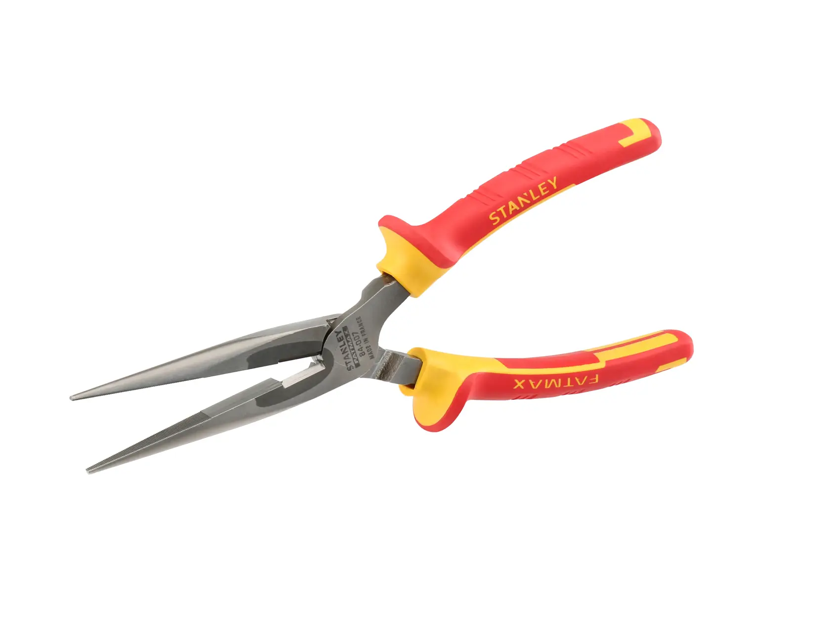 Stanley insulated long nose pliers with red and yellow handles, shown against a white background.