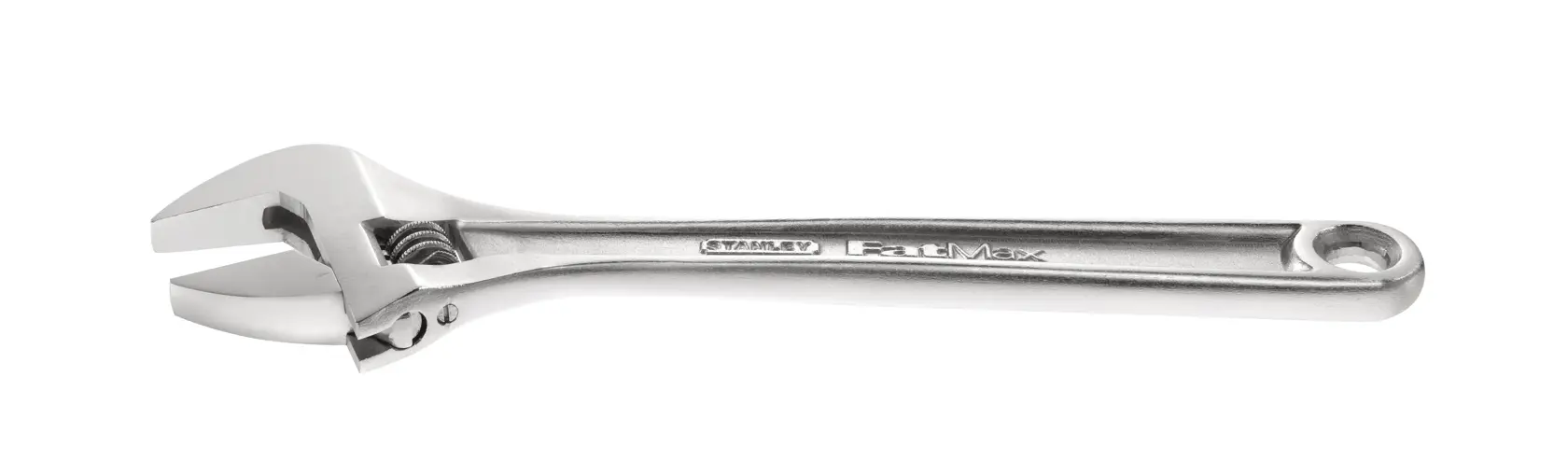 STANLEY 0-84-540 adjustable wrench, silver, photographed from the side on white background.