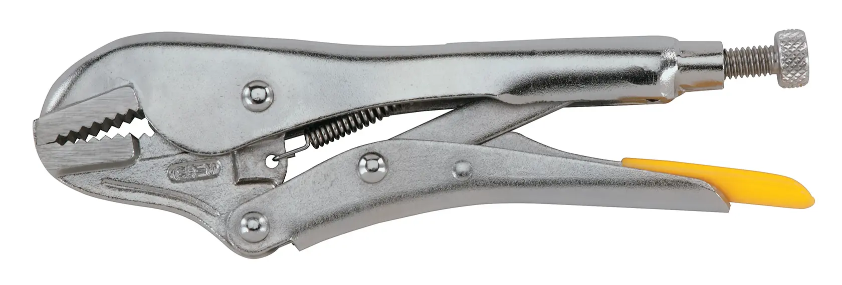 Metal locking pliers with serrated jaws and a yellow trigger, used for gripping or clamping objects.