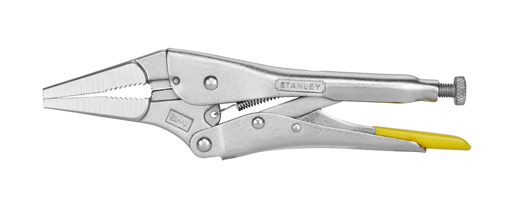 Stanley lange Nase Metallzange mit gelbem Griffdetail auf weißem Hintergrund.