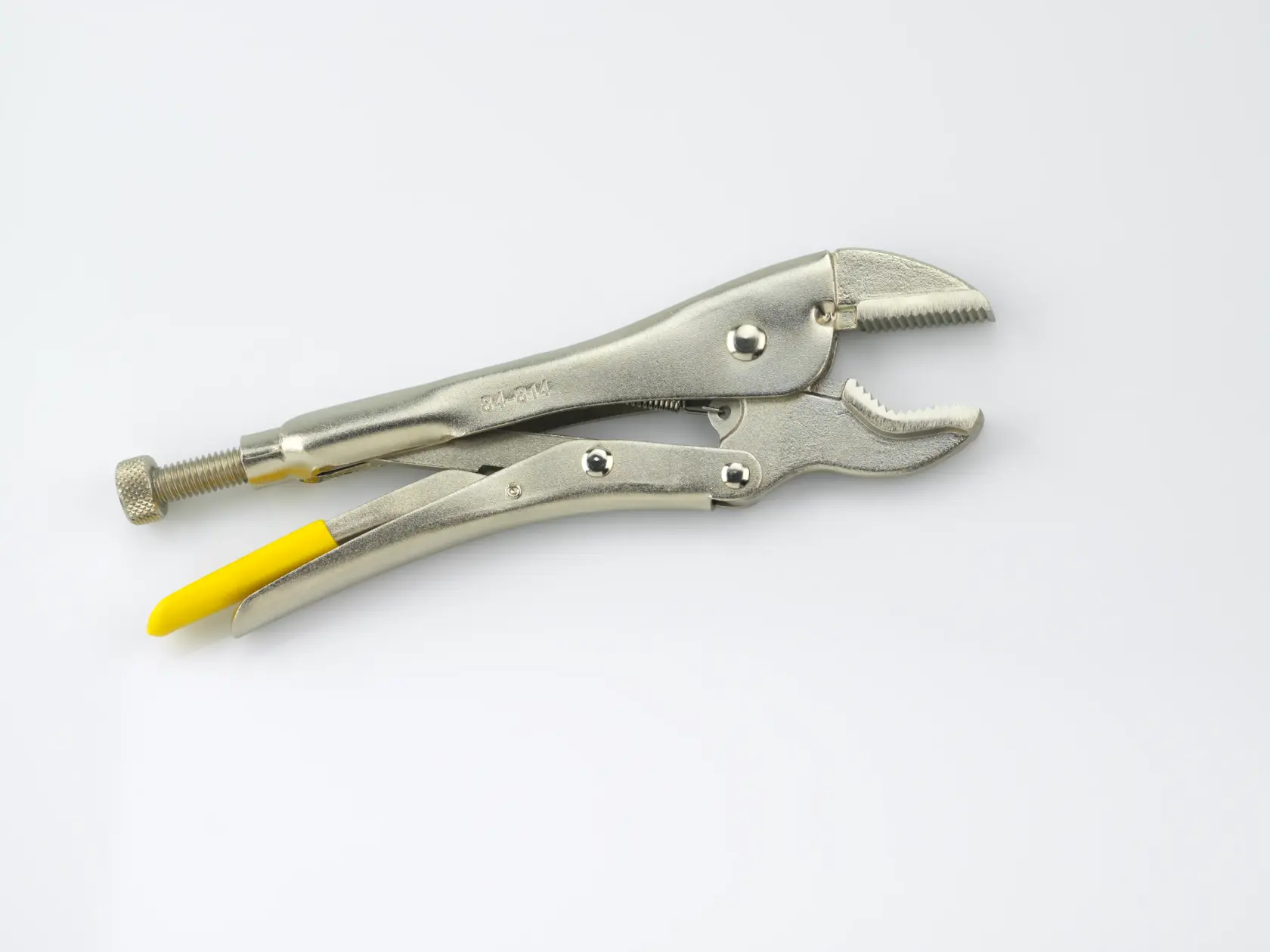 Metal locking pliers with serrated jaws and yellow handle grip are shown on a white background.