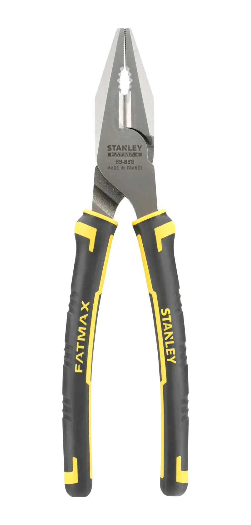 Stanley FatMax combination pliers with black and yellow handles, suitable for gripping and cutting tasks.