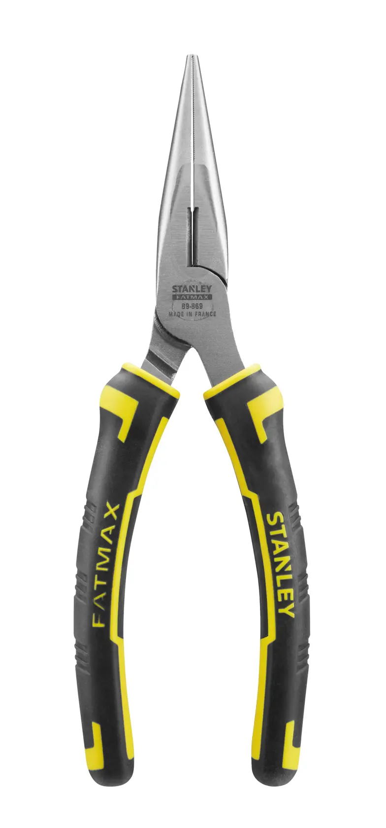 STANLEY 0-89-869 long nose pliers with black and yellow handles, front view on white background.