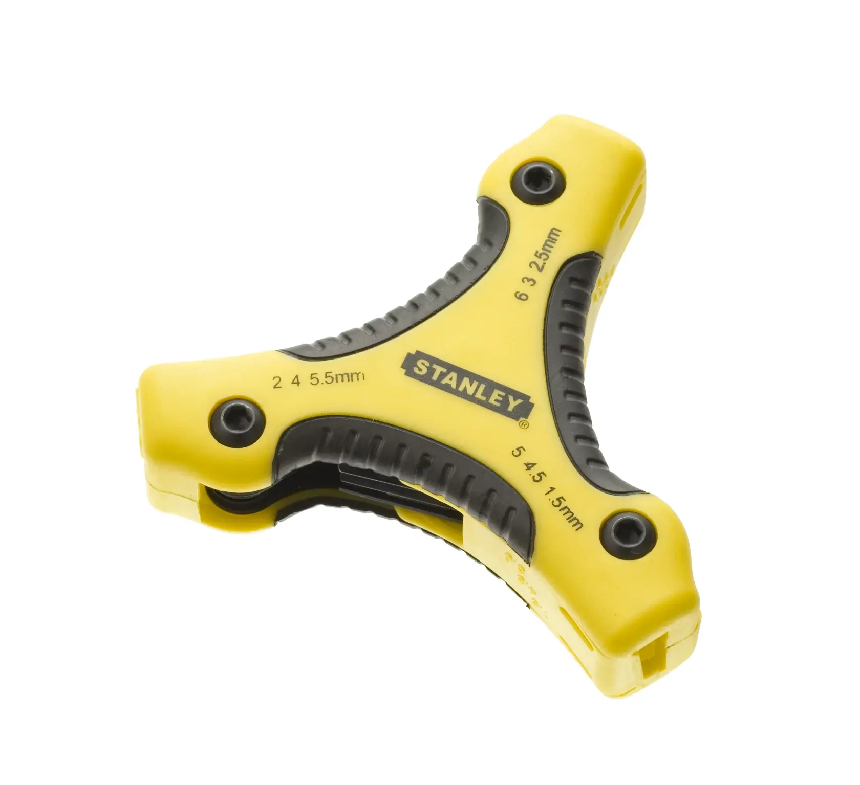 STANLEY 0-95-935 yellow and black three-way hex key set, angled on white background.