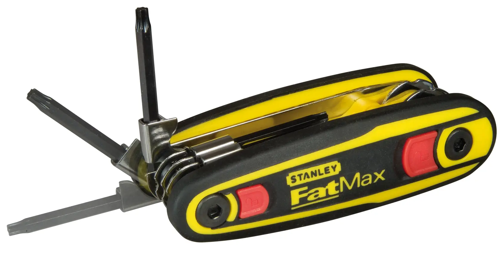STANLEY 0-97-553 folding multi-bit screwdriver with black and yellow handle, side view, several bits extended.