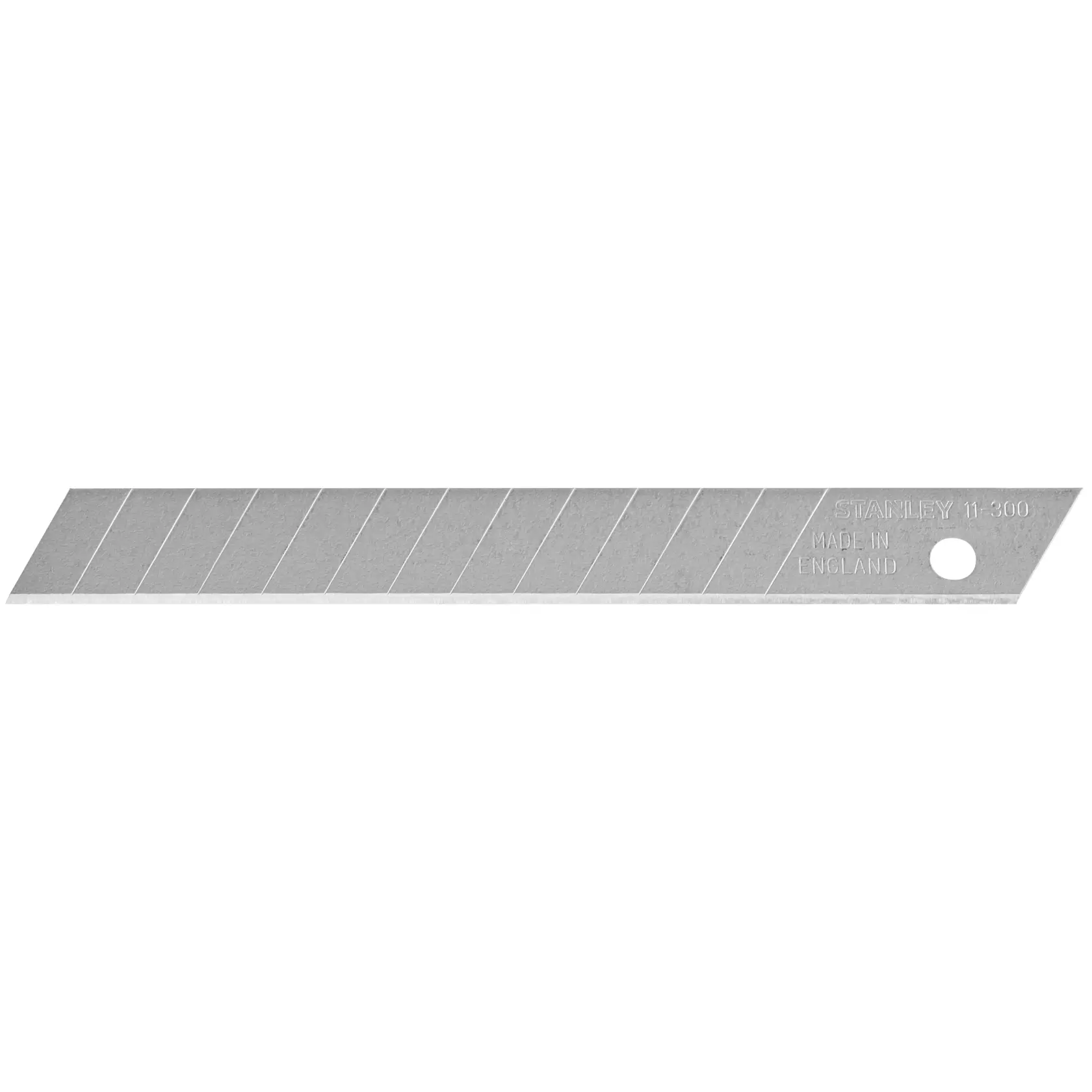 STANLEY 1-11-300 Abbrechklinge für Cutter, silber, Segmentlinien, Nahaufnahme auf weißem Hintergrund.