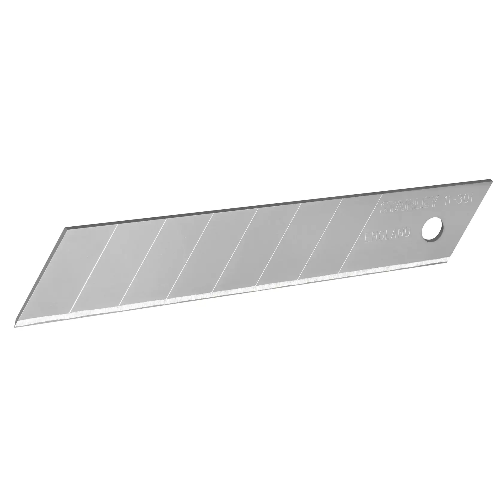 STANLEY 1-11-301 Abbrechklinge, silber, abgeschrägte Kante, einzelne Klinge auf weißem Hintergrund.