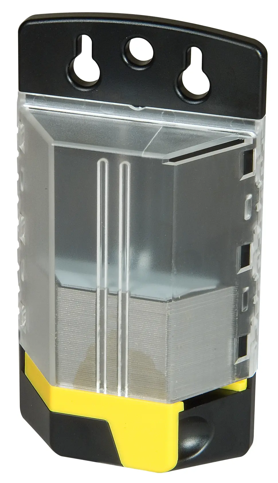 Stanley utility blade dispenser with clear plastic body and black top, showing blades inside.