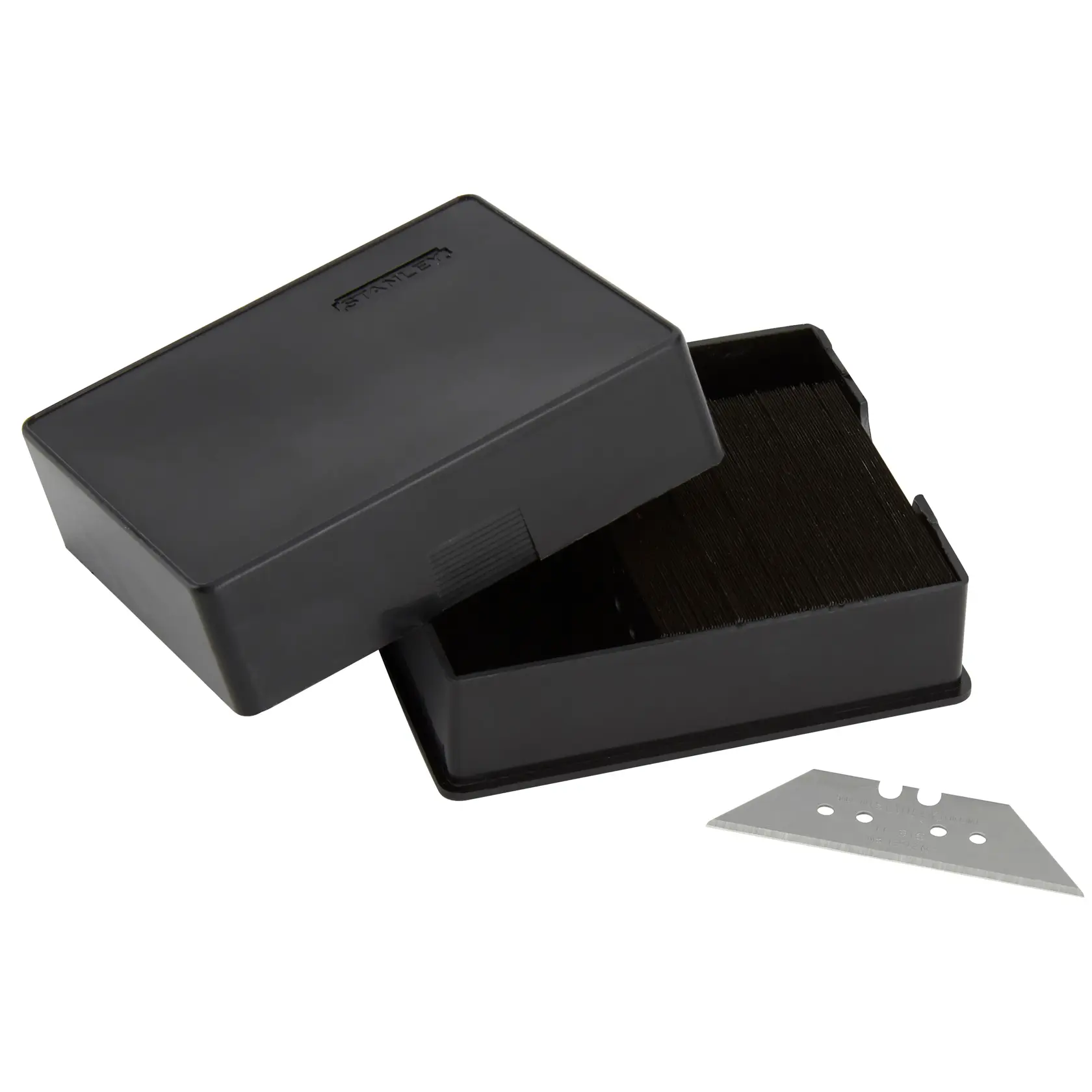Stanley utility blades in a black storage box with one blade placed outside the box.