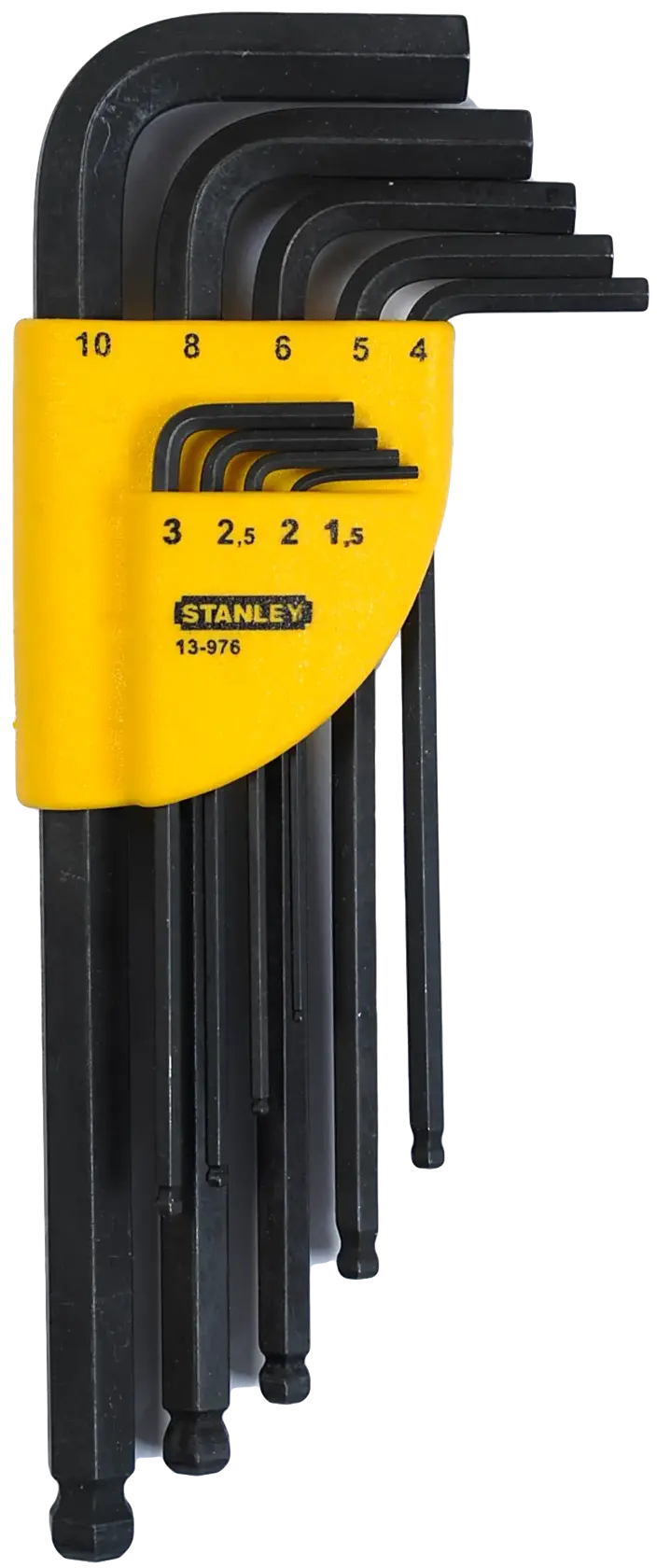 STANLEY Satz schwarzer Inbusschlüssel im gelben Halter, Größen von 1,5 bis 10 mm, sortiert nach Größe.