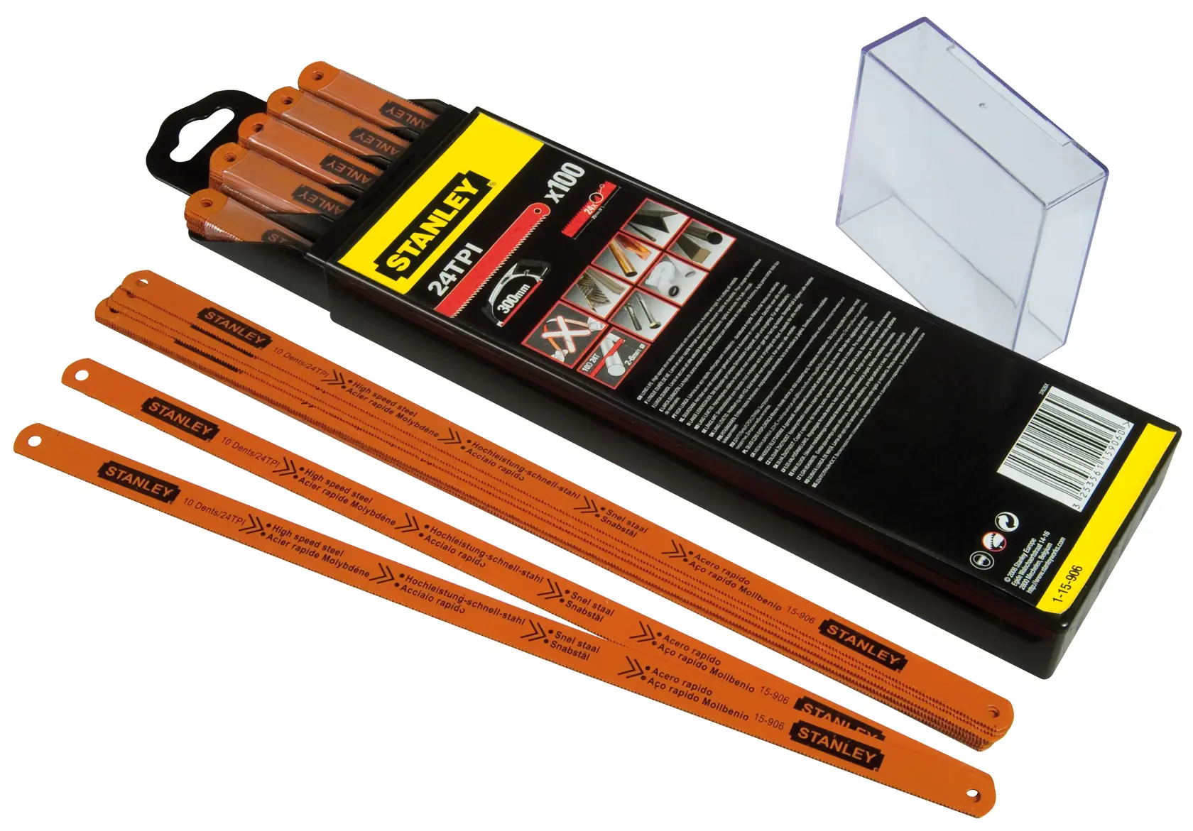 Stanley set of orange hacksaw blades in a box and a transparent container, suitable for cutting various materials.