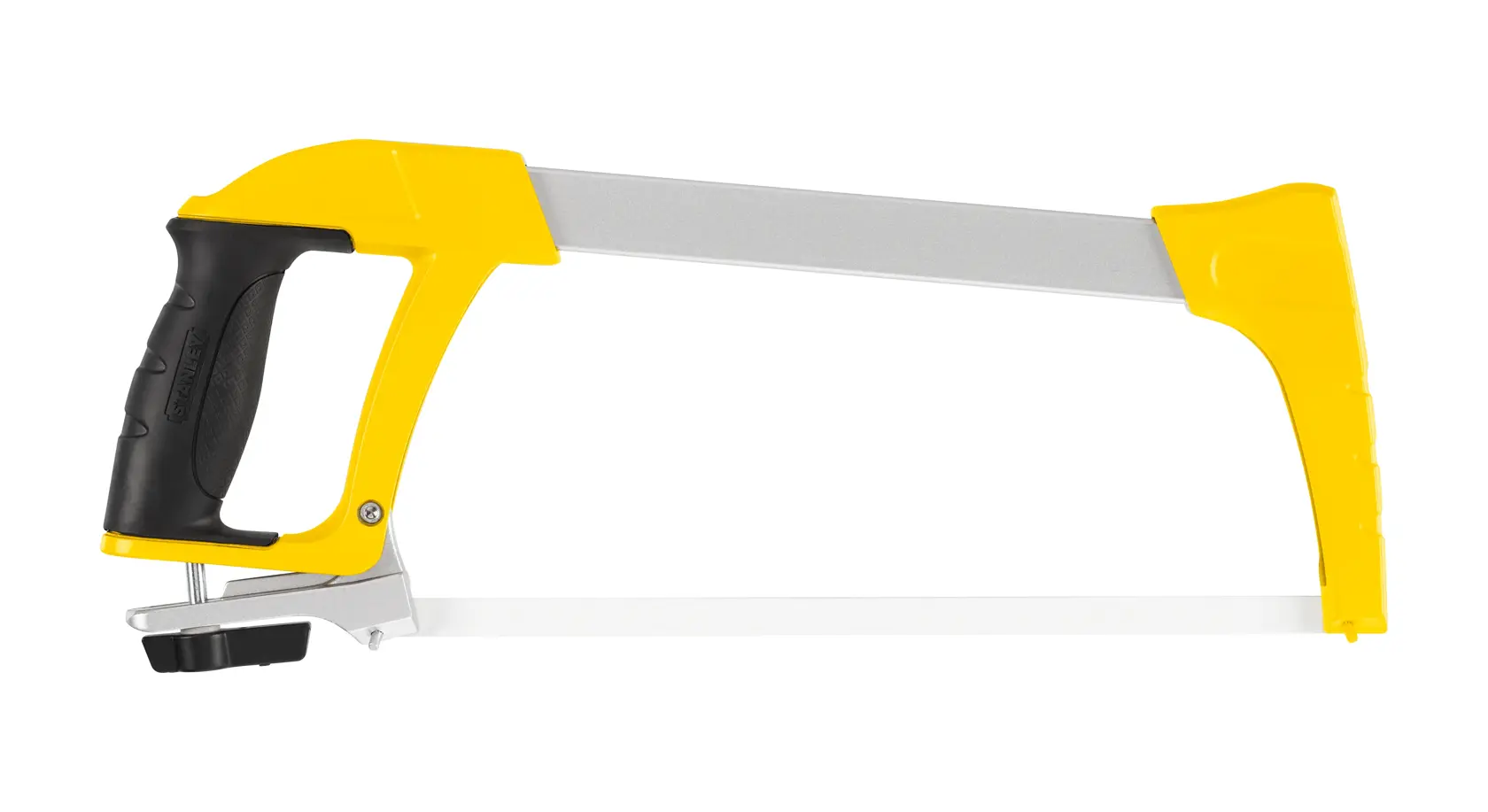 STANLEY 1-20-110 hacksaw with yellow frame and black ergonomic handle, side view on white background.