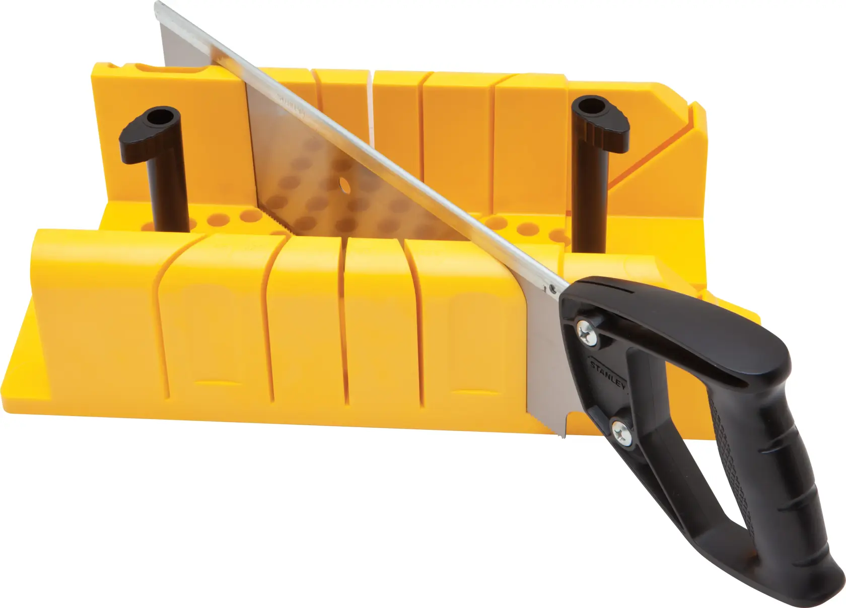 Yellow Stanley mitre box with black handle saw for precise angled wood cutting.