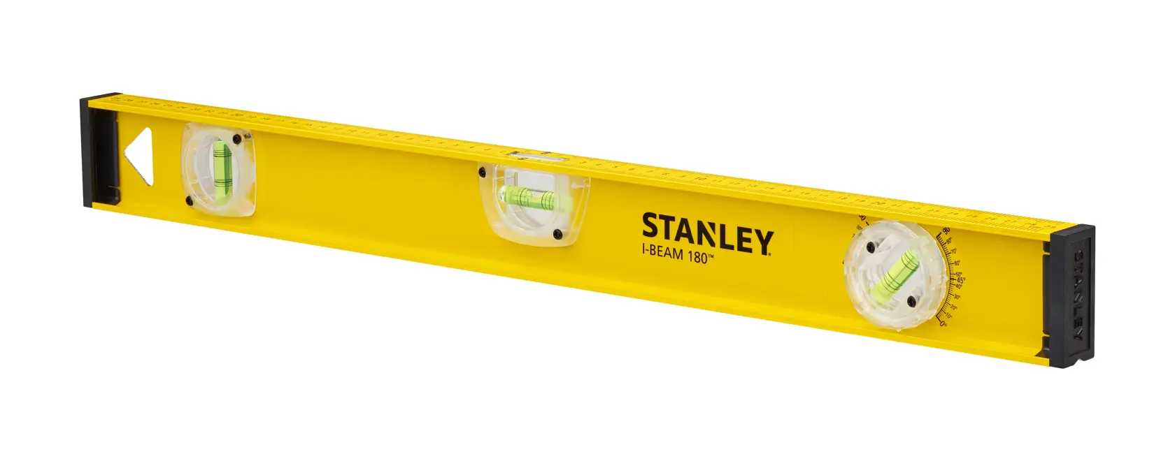 Yellow STANLEY spirit level with three vials for measuring horizontal and vertical alignment.