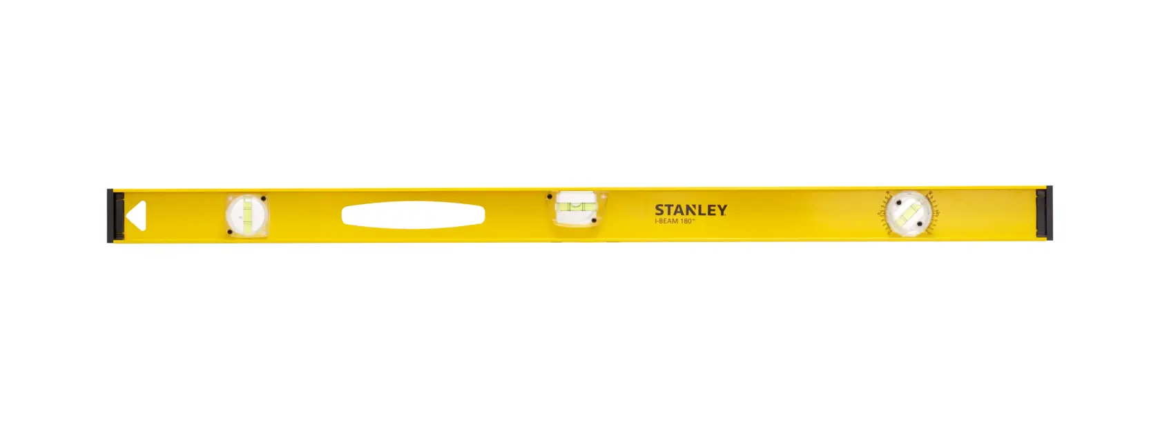 Photo of STANLEY 1-42-922 box level, yellow with three vials, top view on white background.