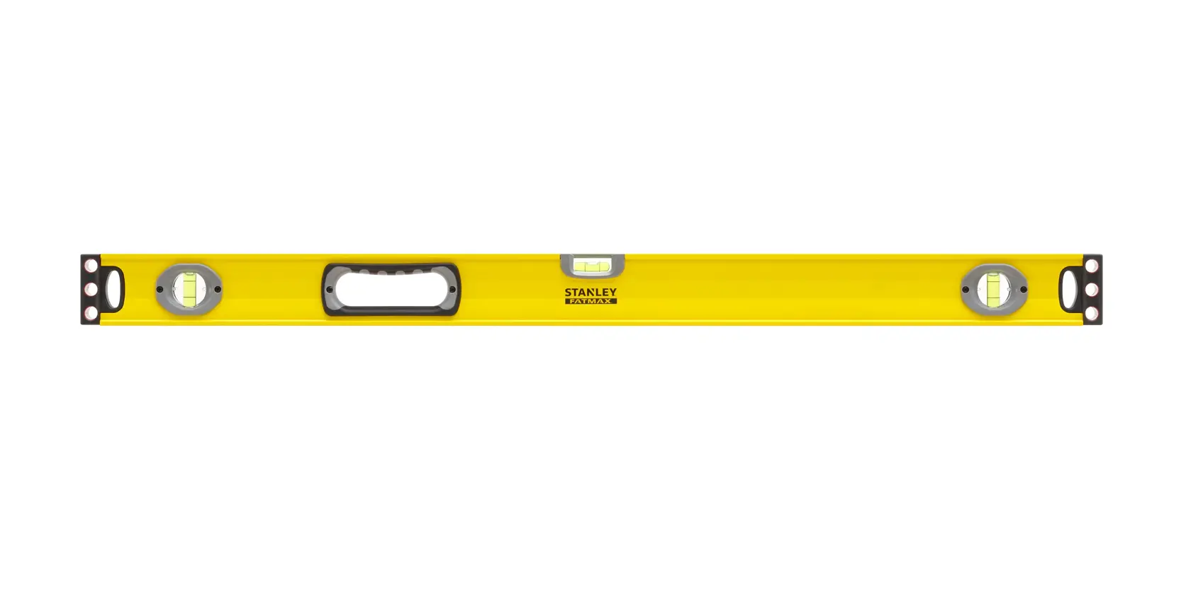 Yellow Stanley spirit level with three bubble vials and a central handle for measuring straight surfaces.