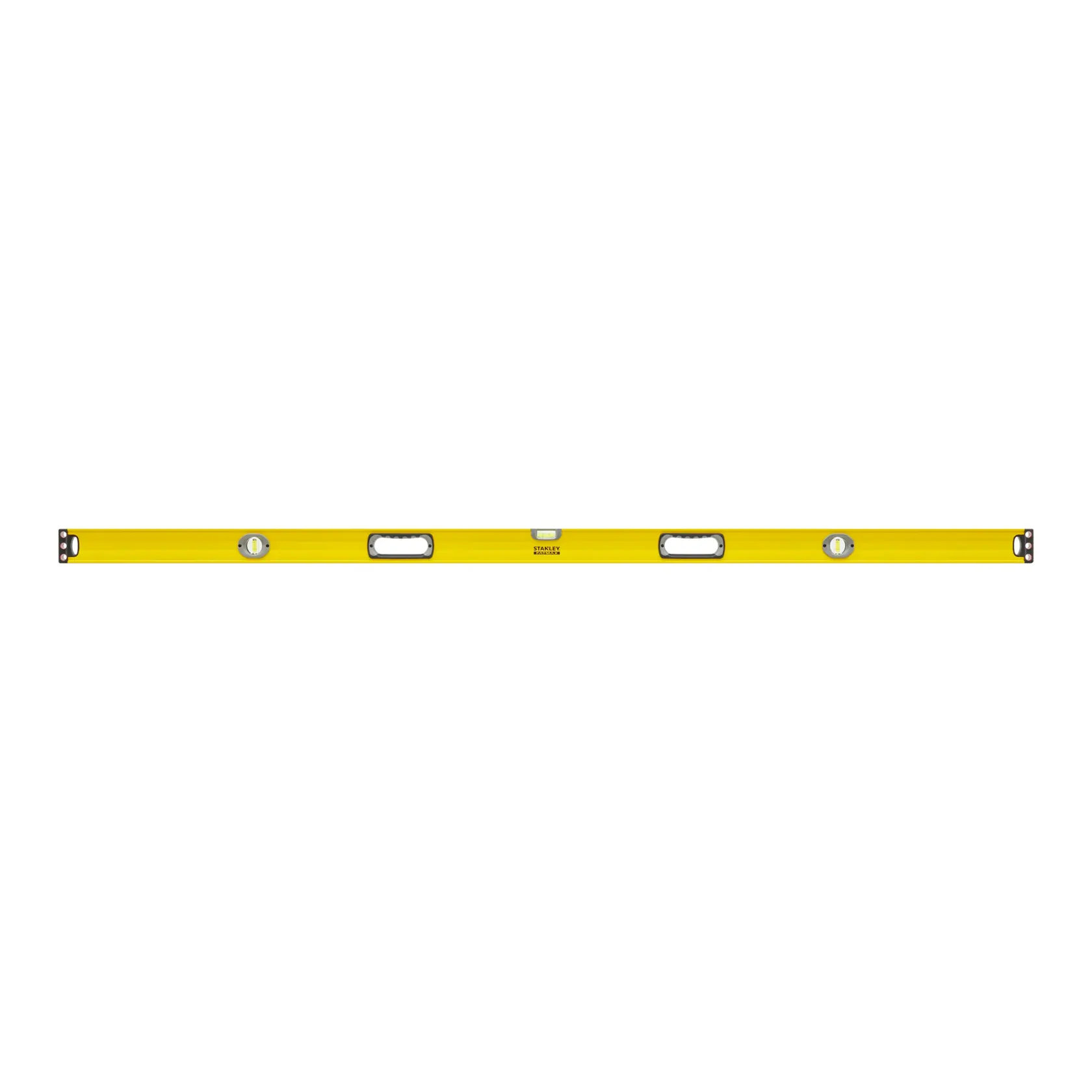 STANLEY 1-43-572 yellow box beam spirit level, three vials, front view, photography product image.
