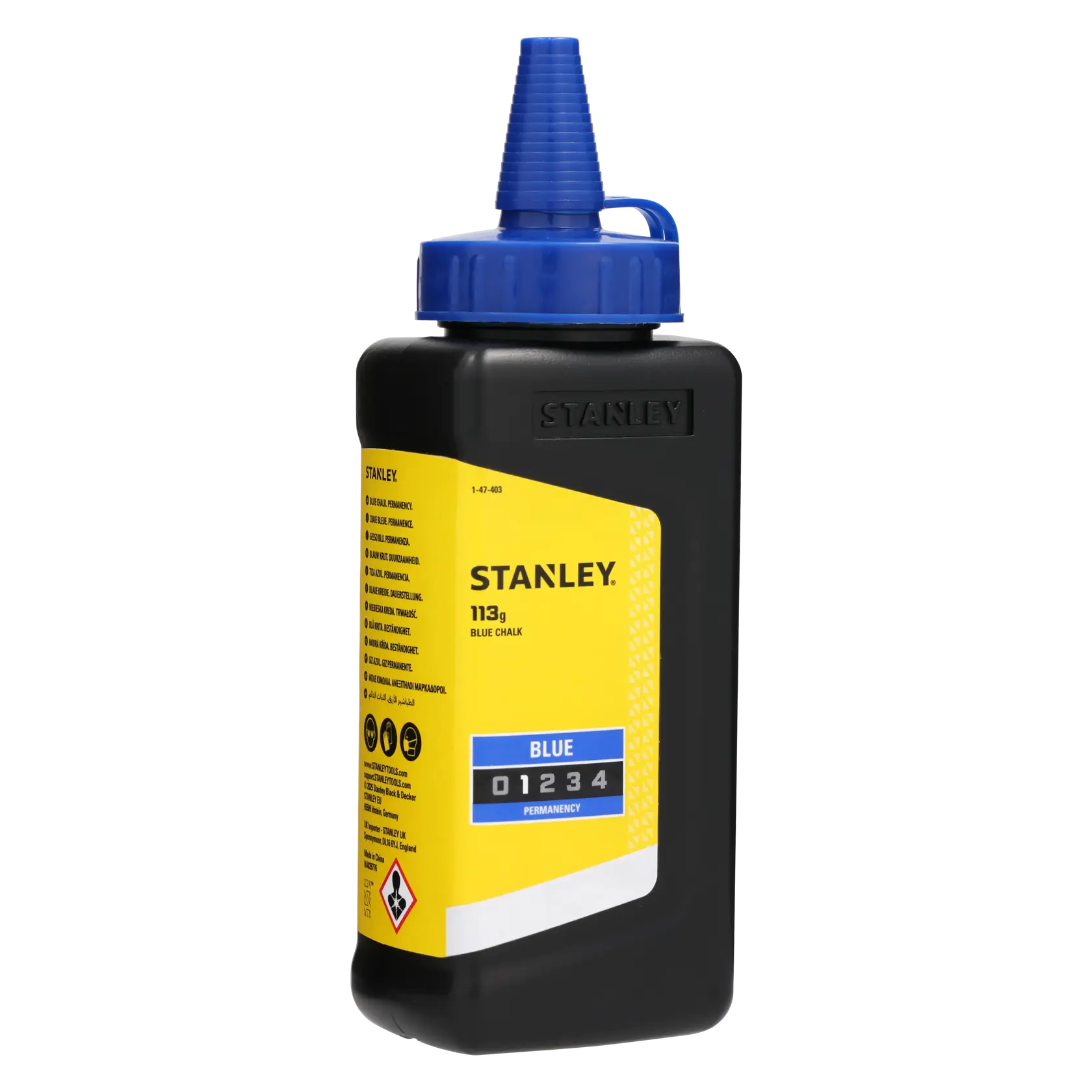 STANLEY 1-47-403 blaue Kreideflasche, 113g, schwarzer Behälter mit gelbem Etikett und blauem Deckel, Vorderansicht.