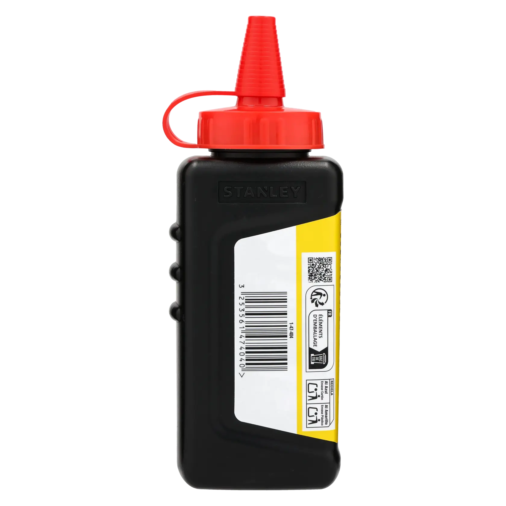 STANLEY 1-47-404 Kreidepulver-Flasche mit rotem Deckel, Produktfotografie, Seitenansicht, schwarzer Behälter.