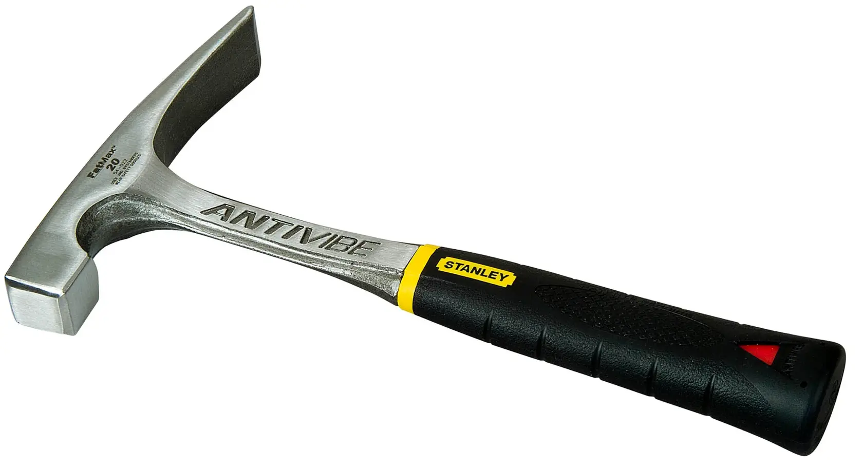 STANLEY 1-54-022 brick hammer with antivibe steel head and black grip handle, angled side view.