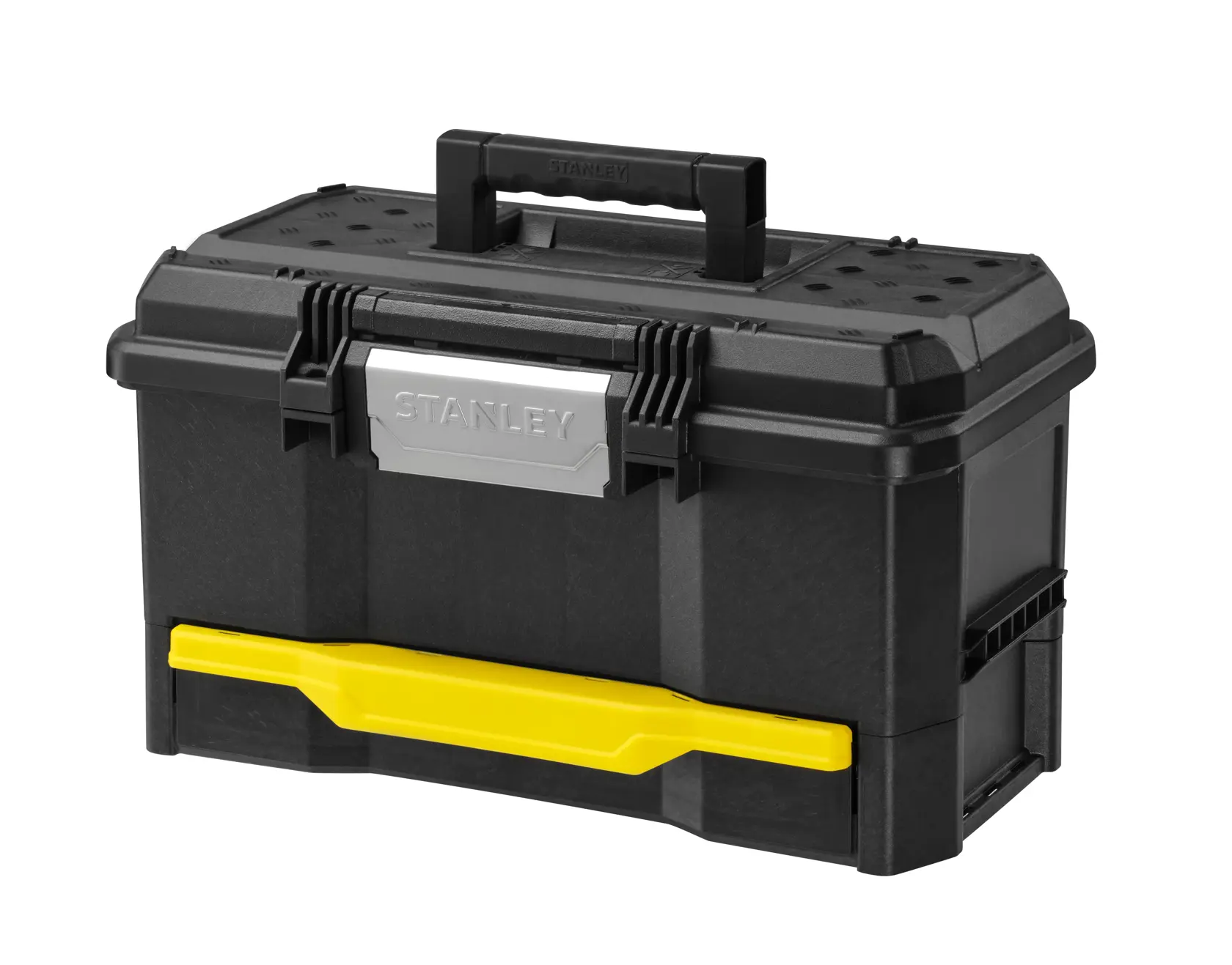 Photo of STANLEY 1-70-316 black toolbox with yellow latch, metal front plate, and top handle, angled on white background.