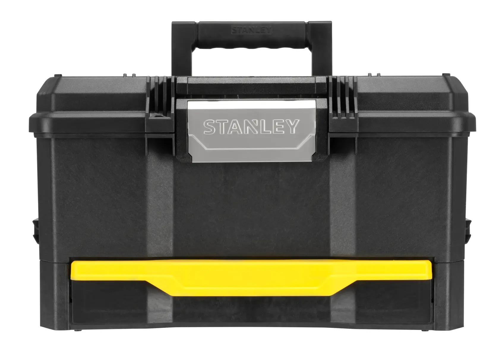 Photo of STANLEY 1-70-316 black toolbox with yellow drawer, front angle, white background.