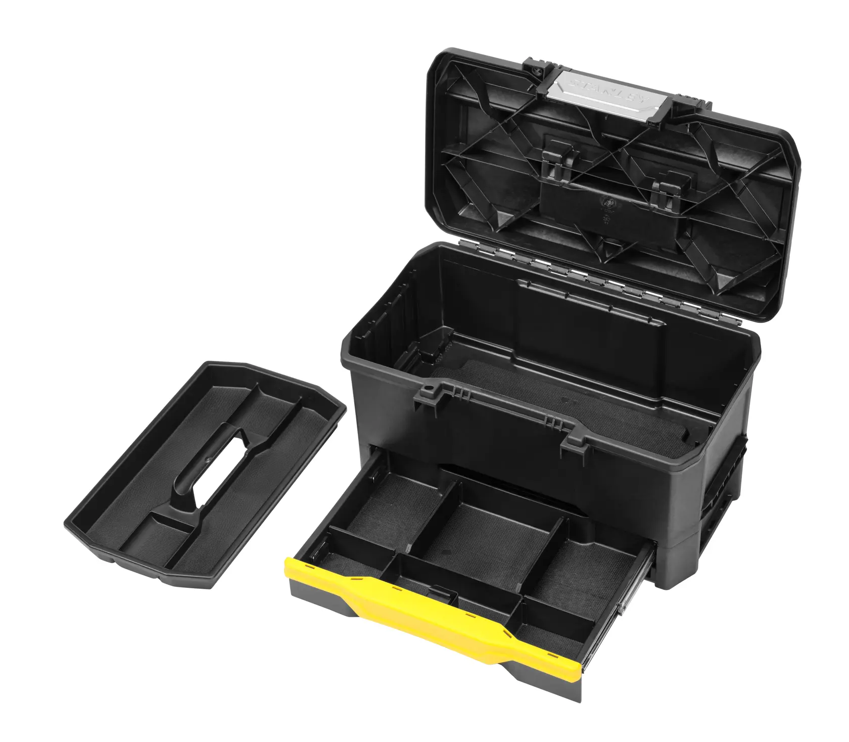 STANLEY 1-70-316 toolbox with open lid, removable tray, and yellow front drawer on white background.