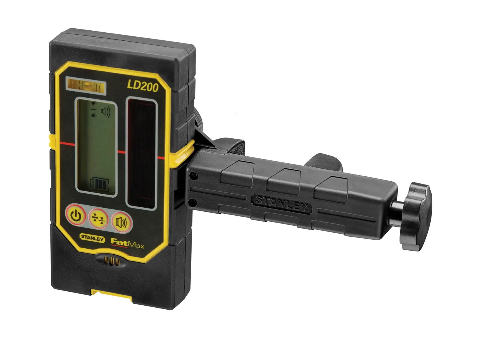 Stanley LD200 laser detector with display and clamp for precise leveling in construction and photography.