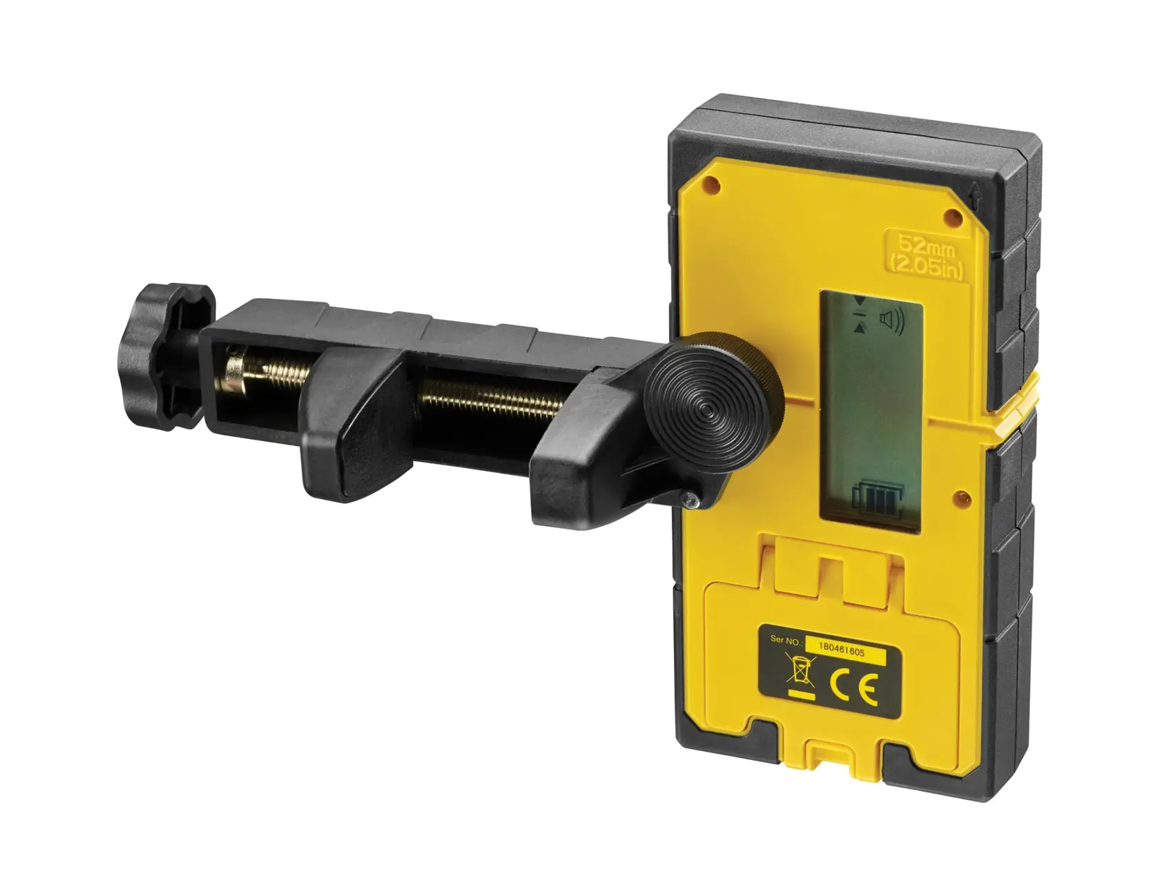 Stanley yellow and black laser detector with bracket, used for precise measurements in photography and construction.