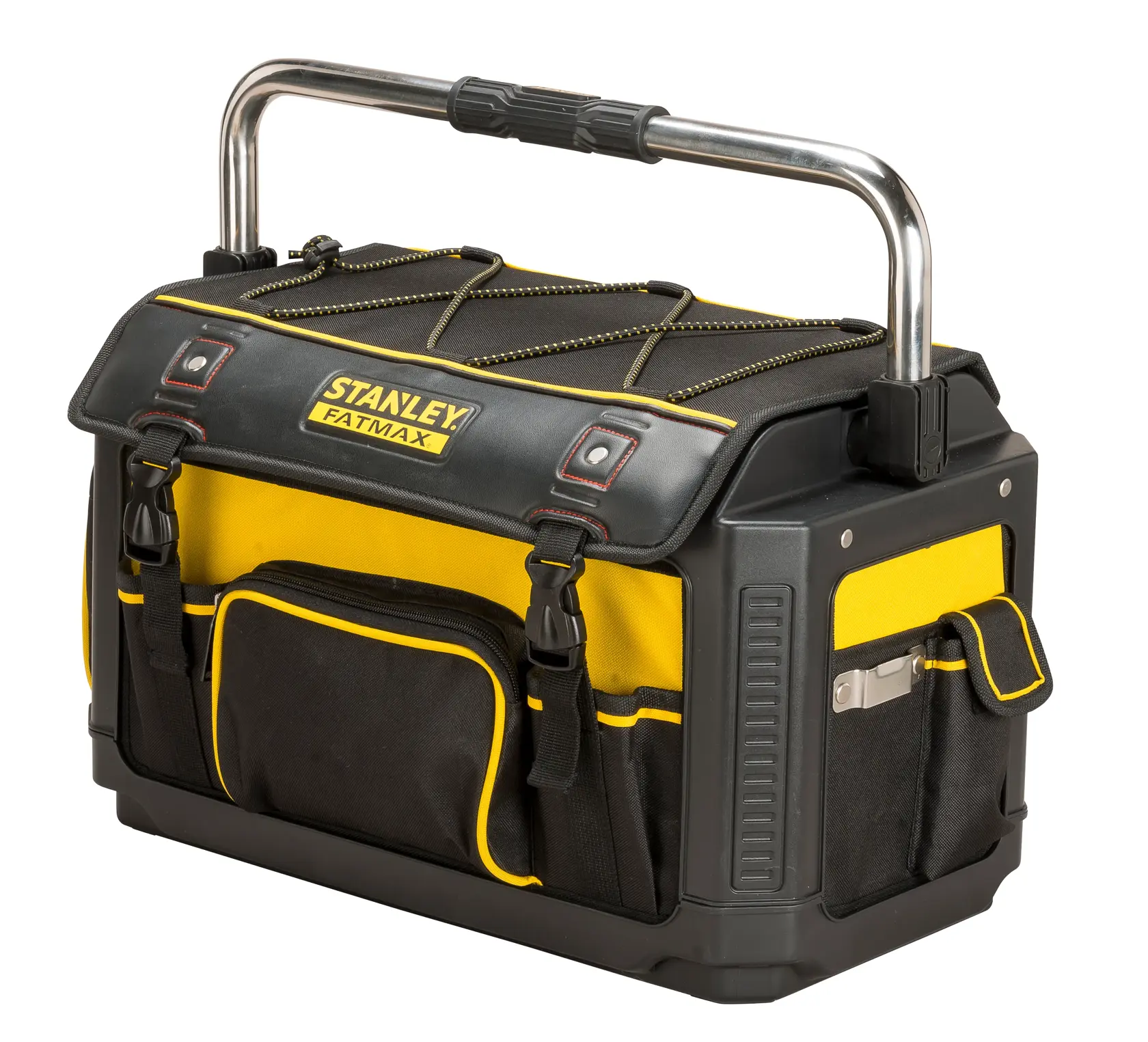 STANLEY 1-79-213 tool bag with hard base, yellow and black, front angle on white background.
