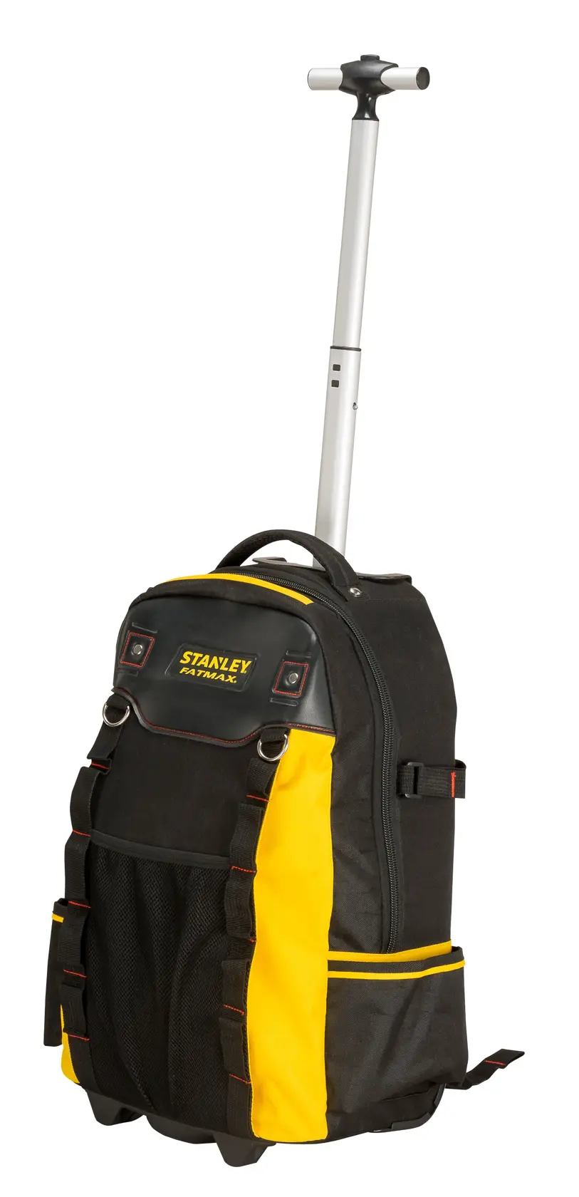 Stanley black and yellow rolling tool backpack with extendable handle, front pockets and durable fabric.