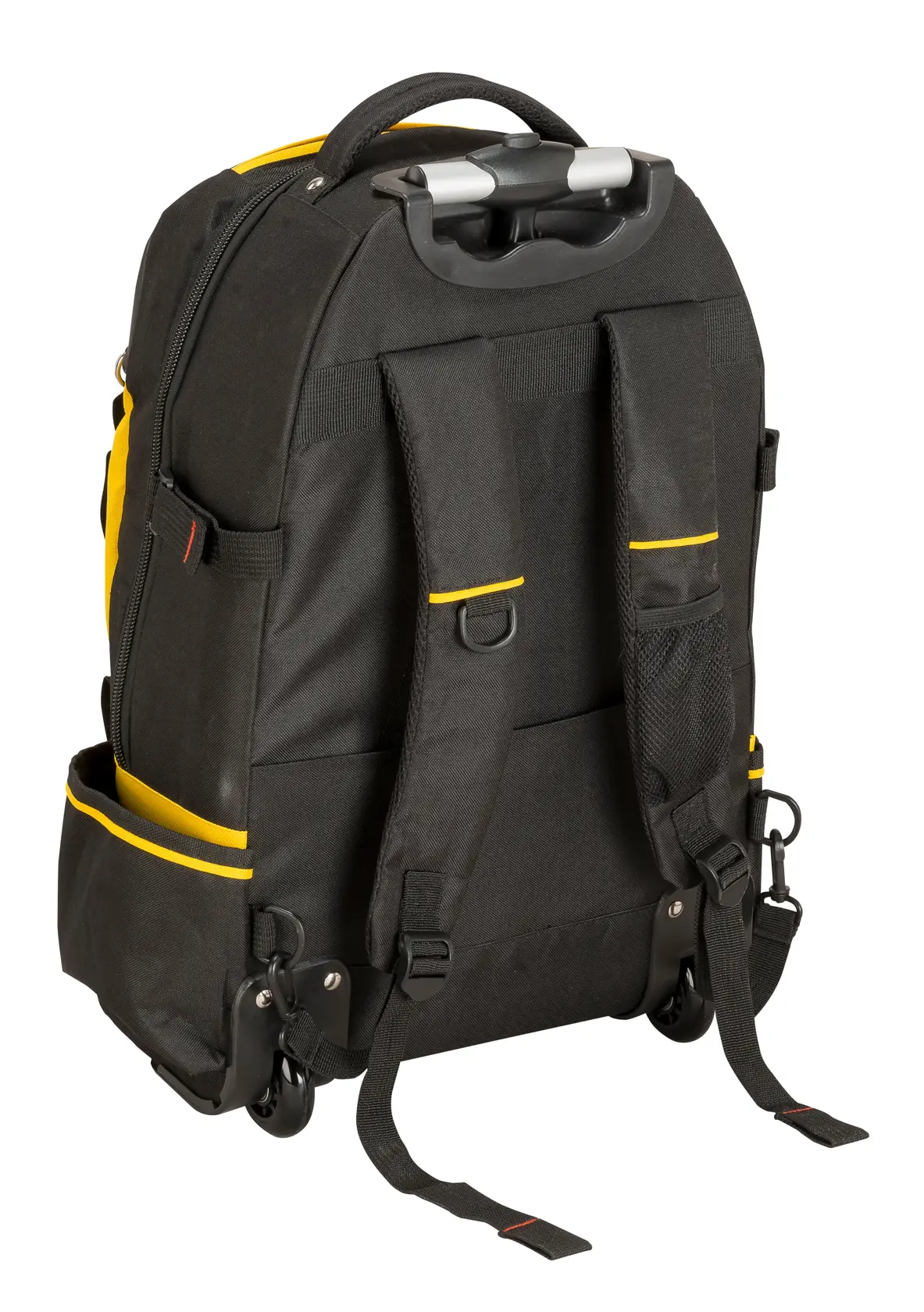 STANLEY 1-79-215 tool backpack with wheels, black and yellow, rear view on white background.