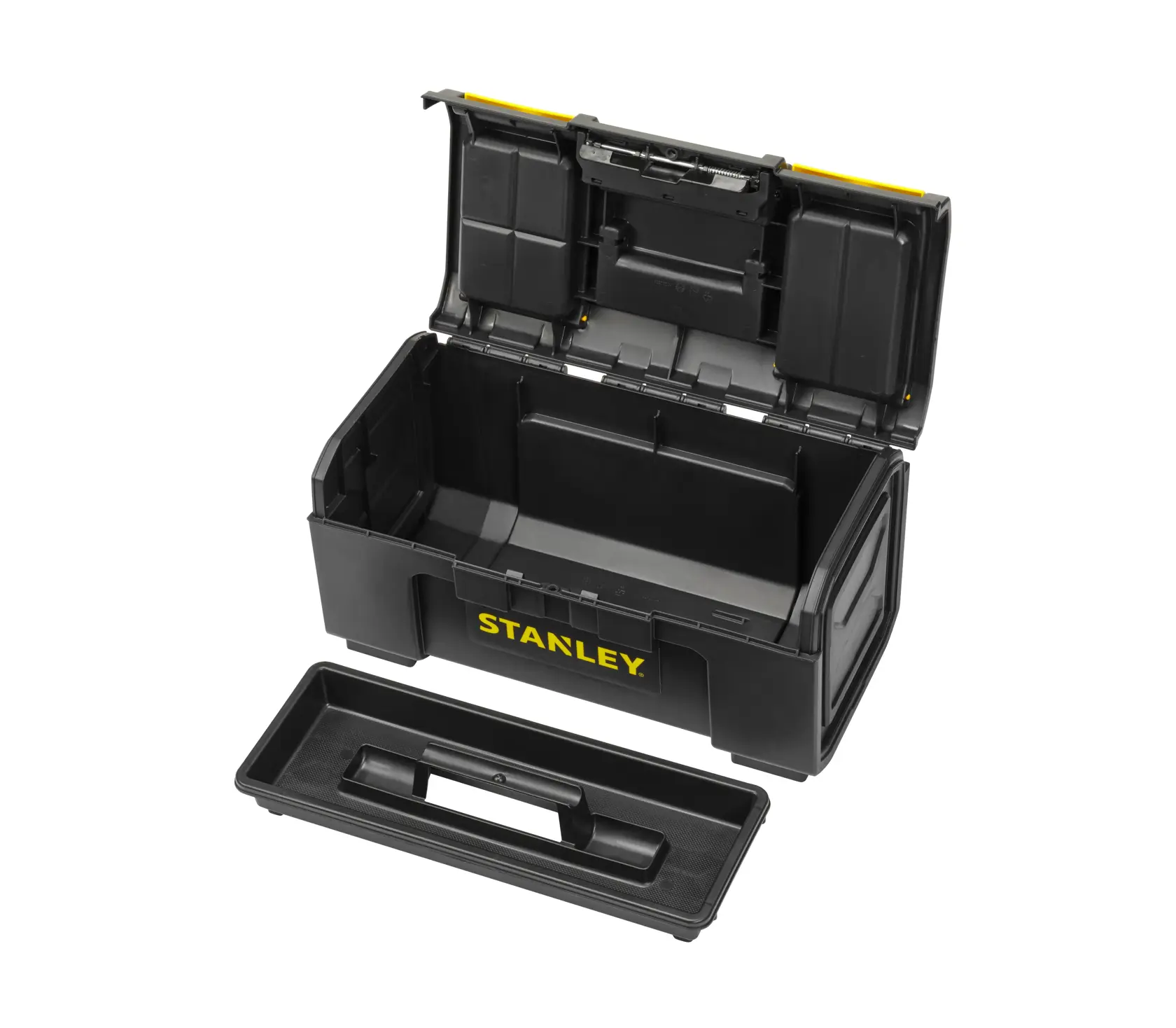 STANLEY 1-79-217 schwarze Werkzeugbox mit herausnehmbarer Ablage, offener Deckel, Vorderansicht, weißer Hintergrund.