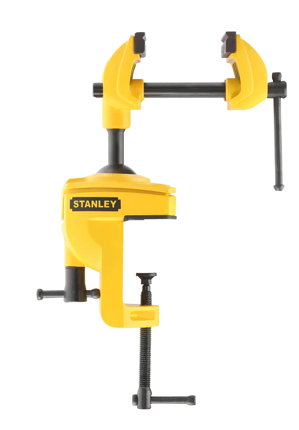 Gelber STANLEY-Schraubstock mit verstellbaren Backen und Befestigungsklemmen zum Fixieren von Werkstücken.