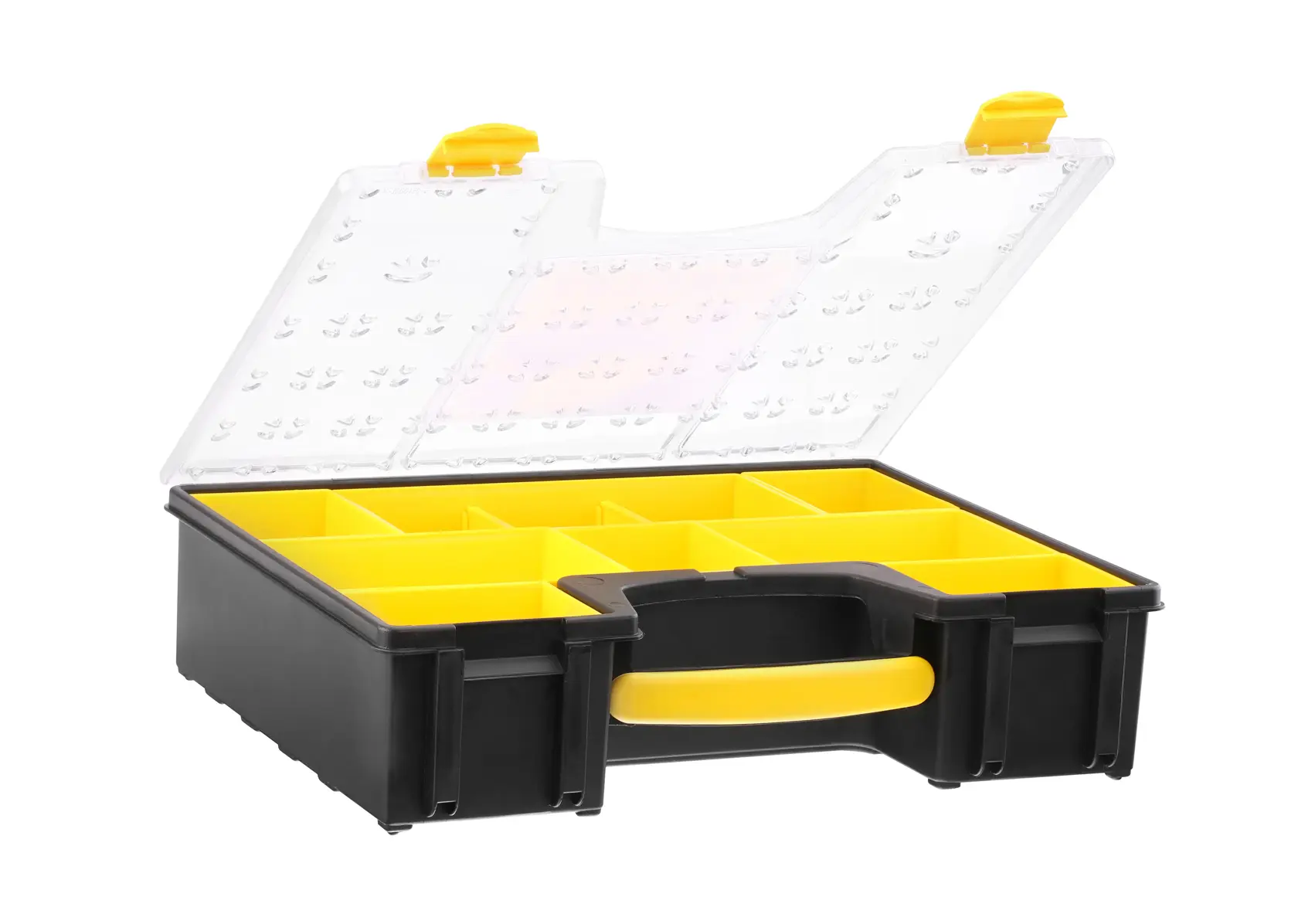 STANLEY 1-92-749 organizer with yellow compartments, open lid, front angle, photography category.