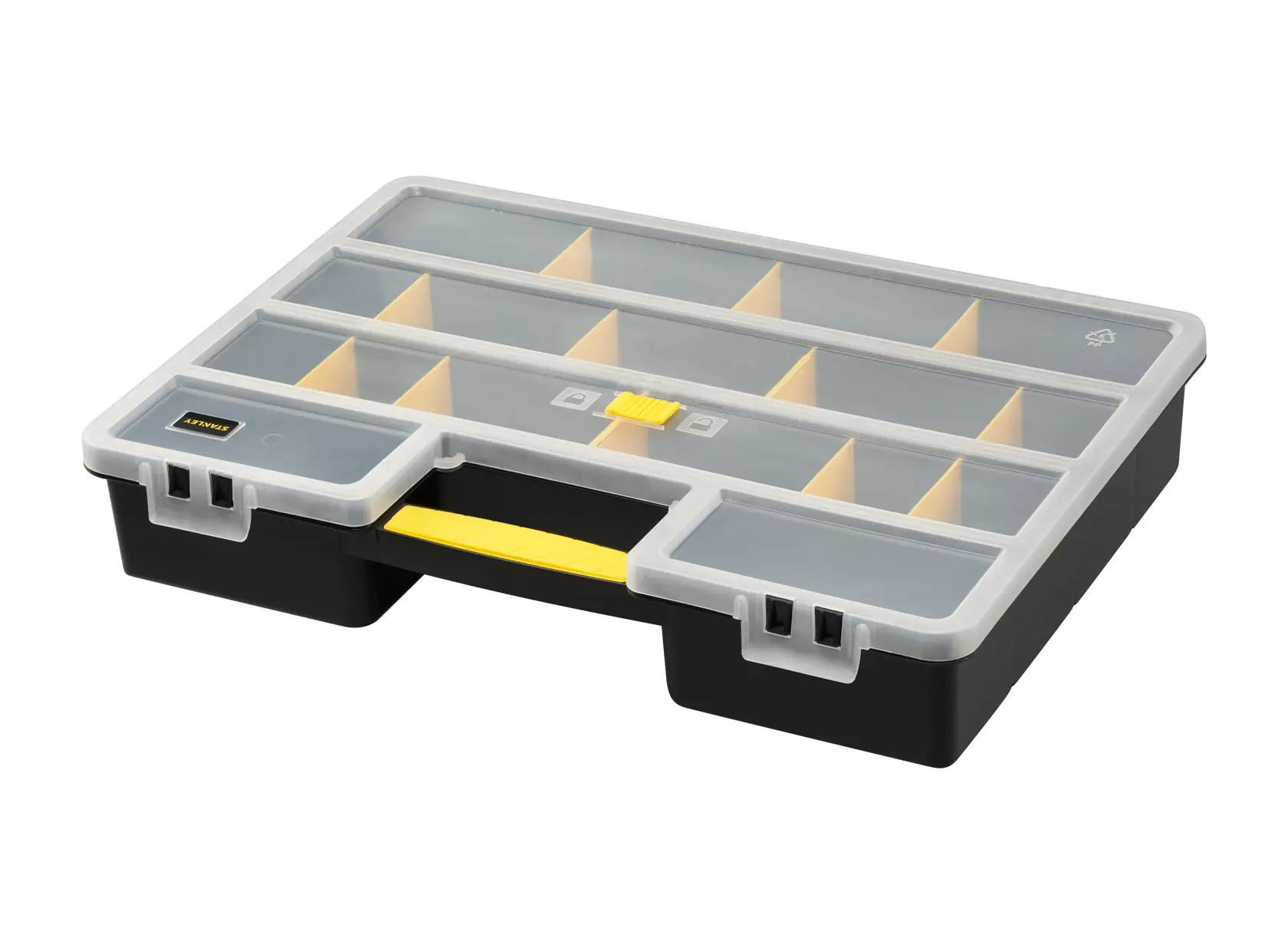 STANLEY 1-92-762 organizer box with clear lid, yellow handle, and multiple compartments, front angle photo.