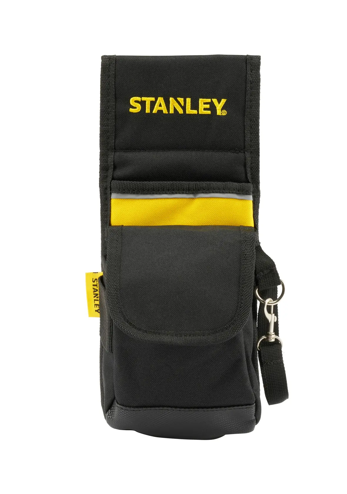 Vorderansicht der schwarzen und gelben STANLEY 1-93-329 Werkzeugtasche mit Klappe, Tasche und Schlüsselclip.