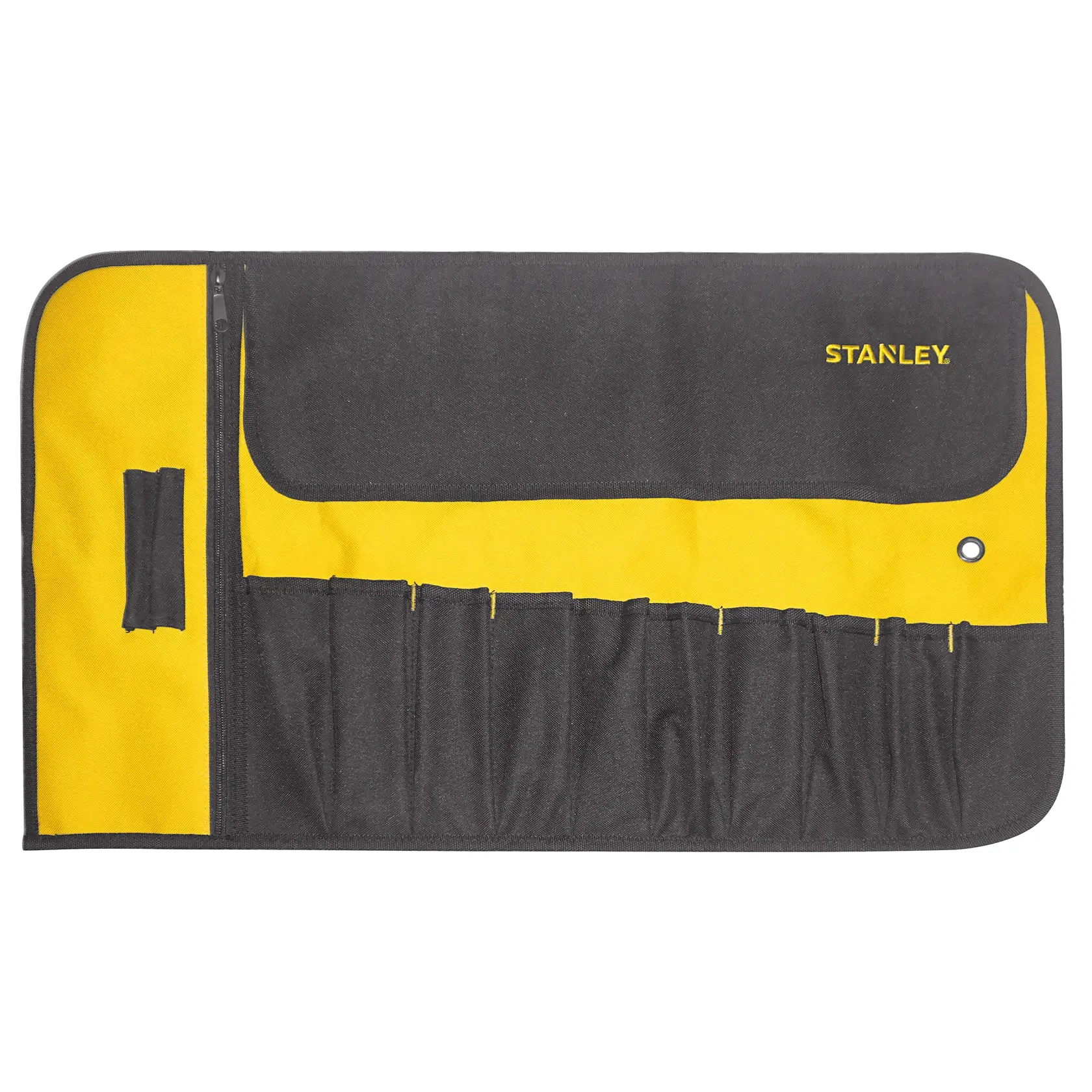 STANLEY 1-93-601 Werkzeugrolle, schwarz-gelber Stoff mit mehreren Taschen, Draufsicht.