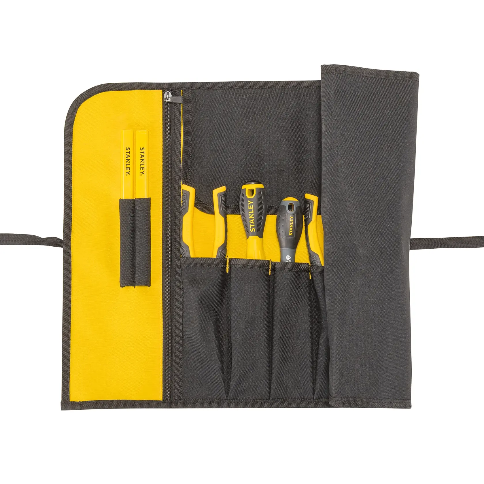 STANLEY 1-93-601 Rolltasche in Gelb und Schwarz mit Schraubendrehern und Werkzeugen, Draufsicht auf weißem Hintergrund.