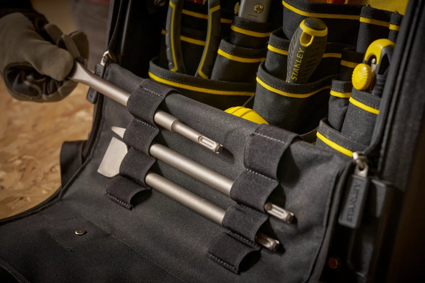 Stanley 1-94-231 photography of tool bag interior with organized hand tools and accessories.