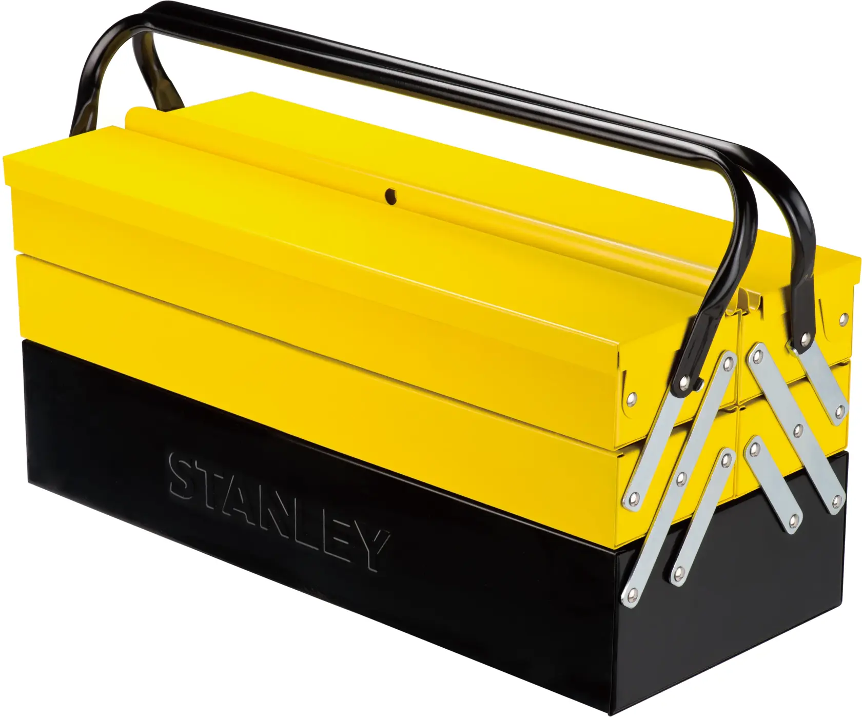 STANLEY 1-94-738 Metall-Werkzeugkasten mit gelbem Deckel, schwarzem Boden und klappbarem Griff, Seitenansicht.