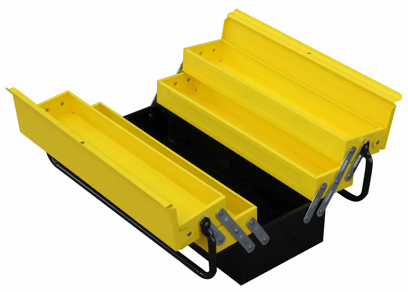 STANLEY 1-94-738 Metall-Cantilever-Werkzeugkasten mit gelben Fächern, geöffnet, Winkelansicht.
