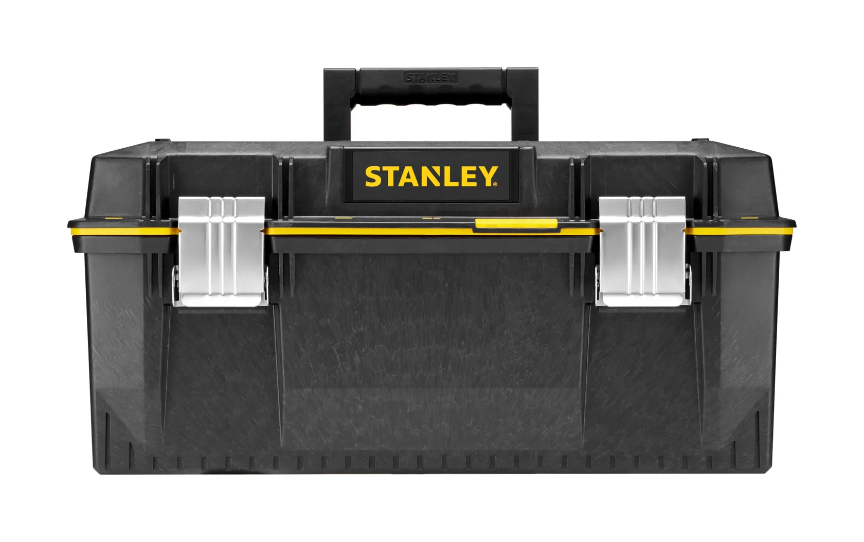 STANLEY 1-94-749 FATMAX toolbox, black with yellow accents, silver front latches, front angle photo.