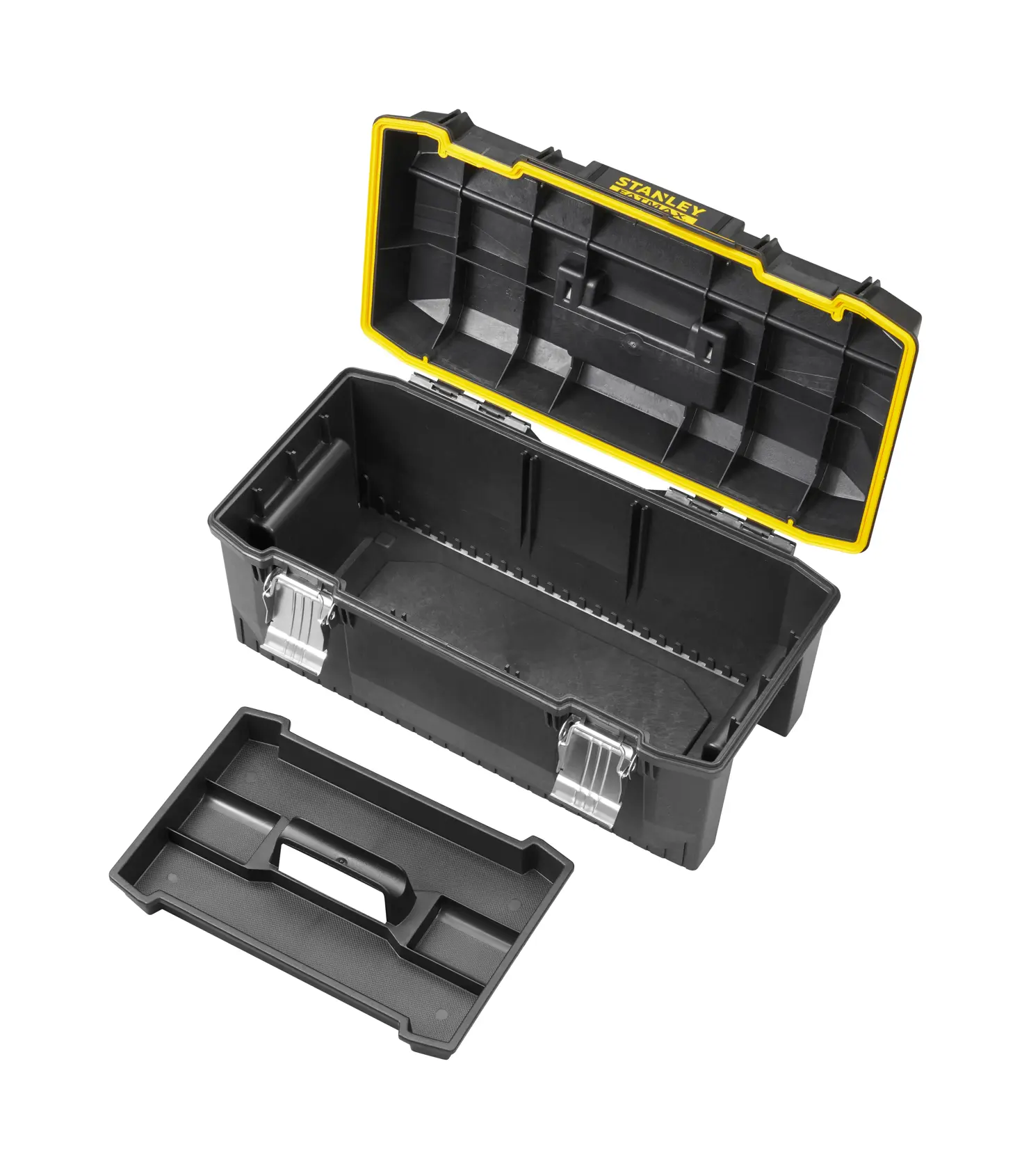 STANLEY 1-94-749 black plastic toolbox with open lid, removable tray, and silver latches, front angle.