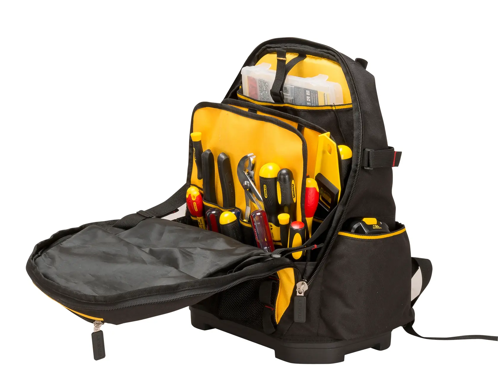 STANLEY 1-95-611 tool backpack with yellow interior, open front view displaying organized hand tools and compartments.